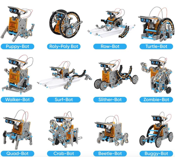 Twelve unique robot designs, each with its own name: Puppy-Bot, Roly-Poly Bot, Row-Bot, Turtle-Bot, Walker-Bot, Surf-Bot, Slither-Bot, Zombie-Bot, Quad-Bot, Crab-Bot, Beetle-Bot, Buggy-Bot