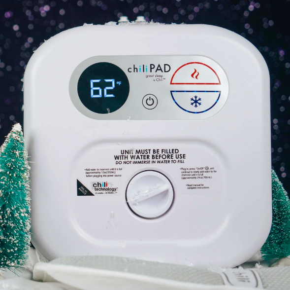A square-shaped ChiliSleep system, roughly the size of a bowling ball