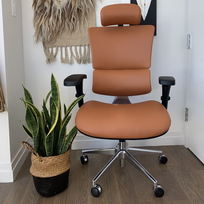 A leather office chair on wheels with a padded seat, headrest, armrests, and rounded lumbar support.