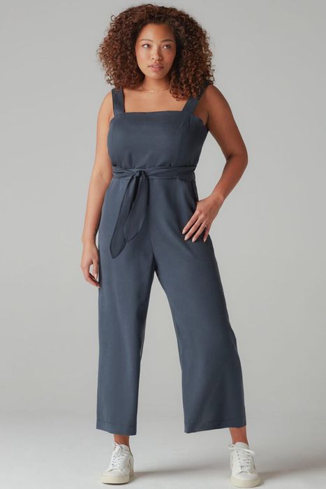 model showcasing the navy blue jumpsuit