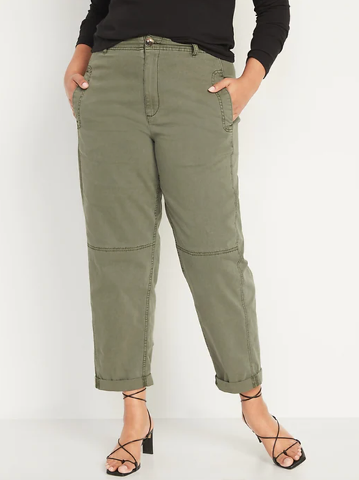 model showcasing the olive green pants