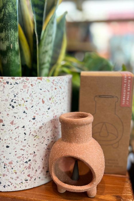 A ceramic incense holder placed in the foreground, with a box positioned behind it, next to a potted plant.