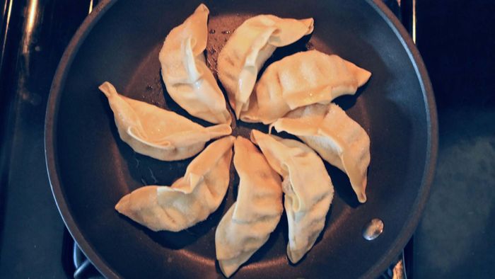 Gyoza placed neatly in a frying pan.