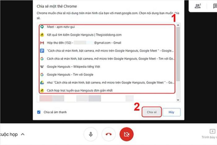 Hướng dẫn chia sẻ ứng dụng Google Meet trên màn hình.