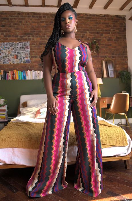 model showcasing the multicolored jumpsuit