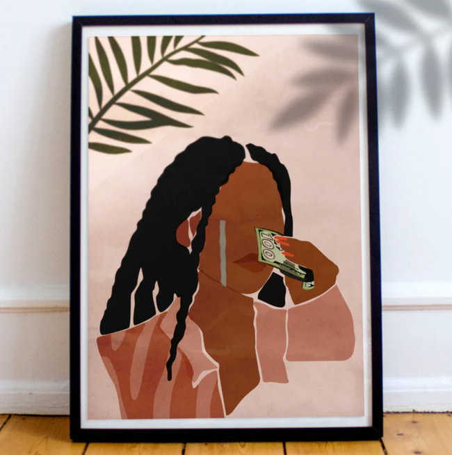 Framed art featuring a stylized silhouette with braided hair, wiping tears with money in hand