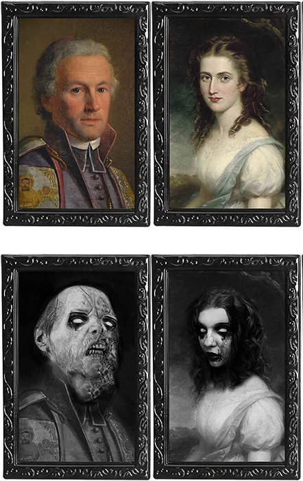 two classic portrait paintings featuring eerie zombie versions beneath in monochrome