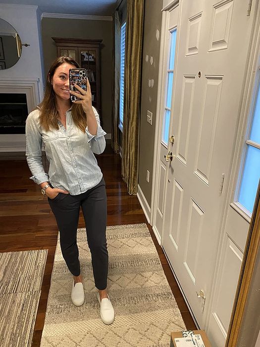 reviewer modeling the navy pants