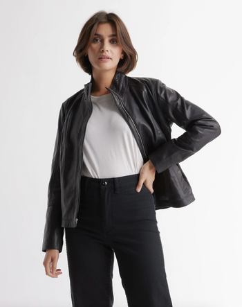 model showcasing the leather jacket