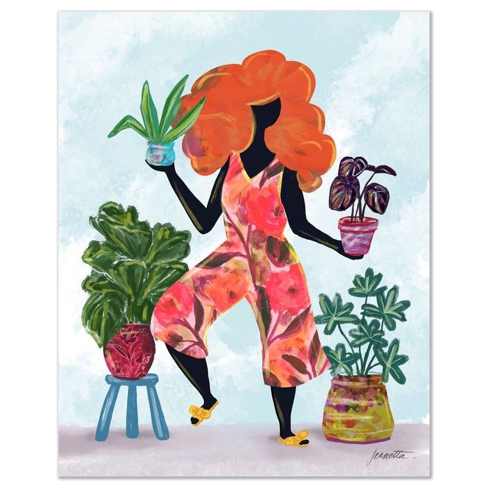 An illustration of a chic silhouette holding plants, surrounded by potted greenery