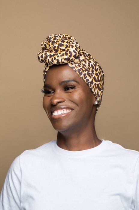 a model showcasing the Feline T-shirt bun wrap