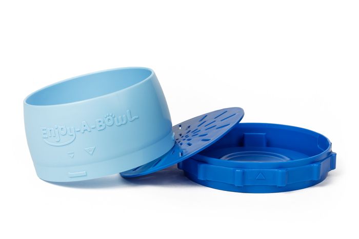 a blue two-compartment dog bowl