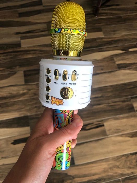 A reviewer's photo showing them holding a kids' karaoke microphone