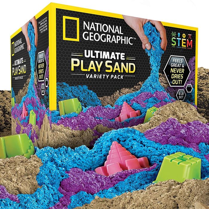 A box of National Geographic play sand for creative play.