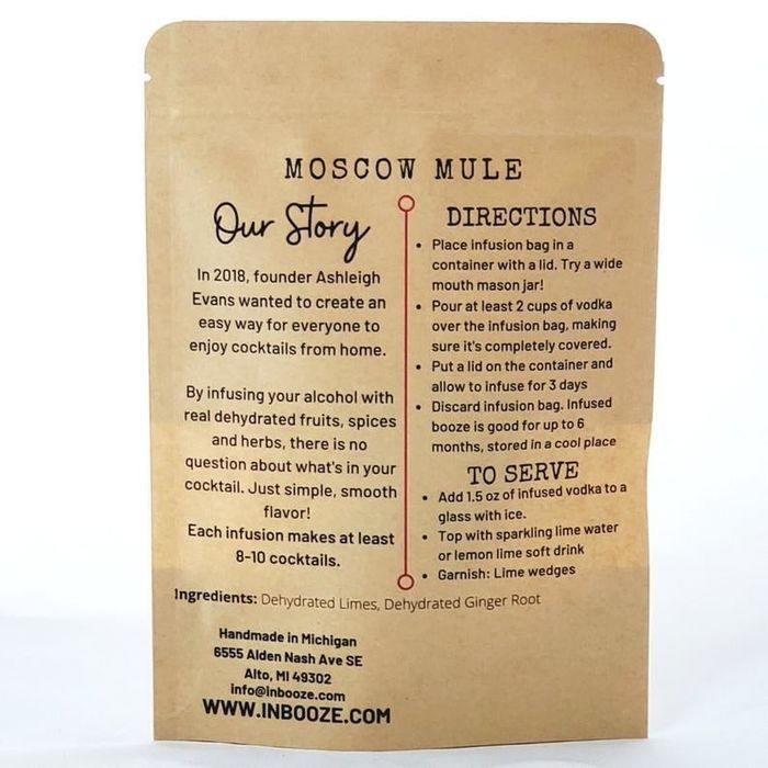 The back of the InBooze Moscow Mule kit showing instructions and the brand's background