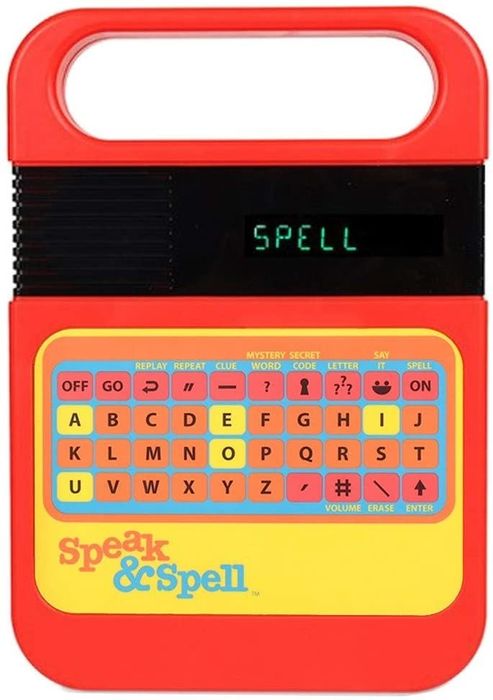 A red Speak & Spell toy featuring a black screen.