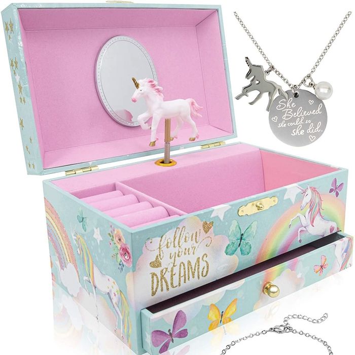 The unicorn-themed jewelry box that comes with two necklaces