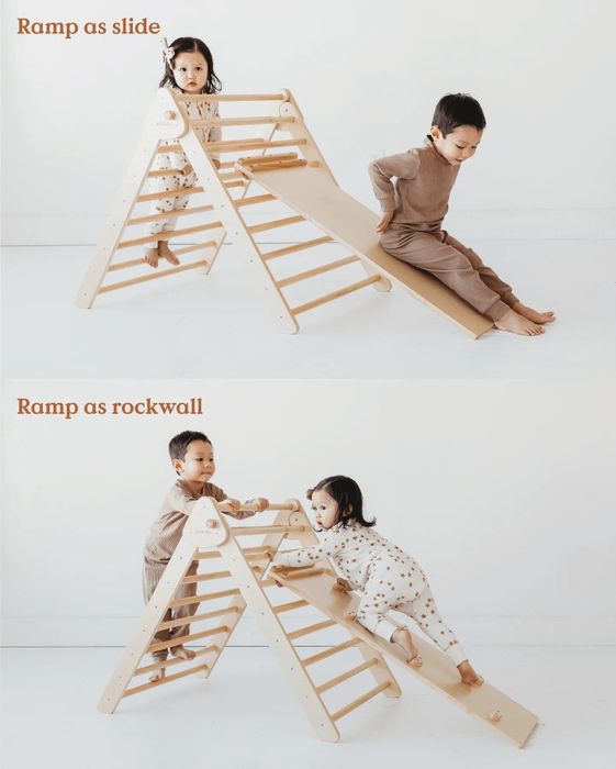 Split image showing the triangle set with a slide and a rock climbing wall