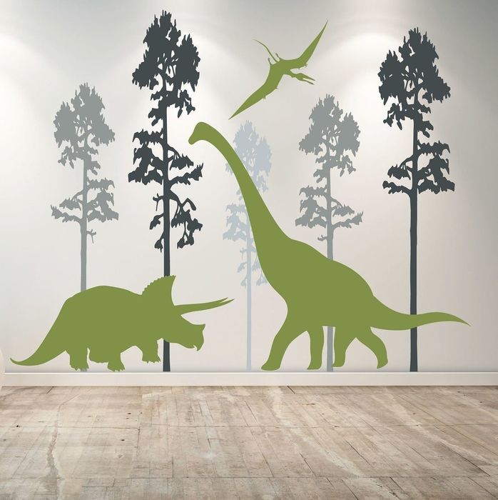 Three green dinosaur wall decals with trees in various shades of blue.