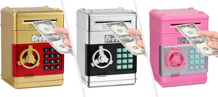 A toy piggy bank safe available in gold, silver, and pink options.
