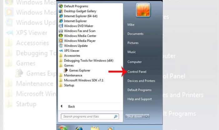 Mở Start – Control Panel