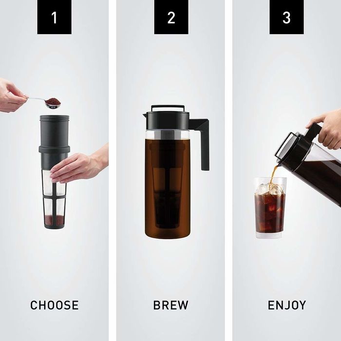 The three simple steps for making cold brew: fill with grounds, brew, and enjoy.