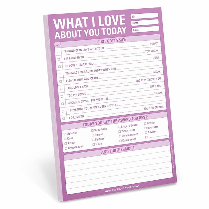 A 'What I Love About You' notepad complete with prompts for heartfelt messages.