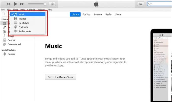 Chọn mục Podcast trên giao diện của iTunes trên máy tính
