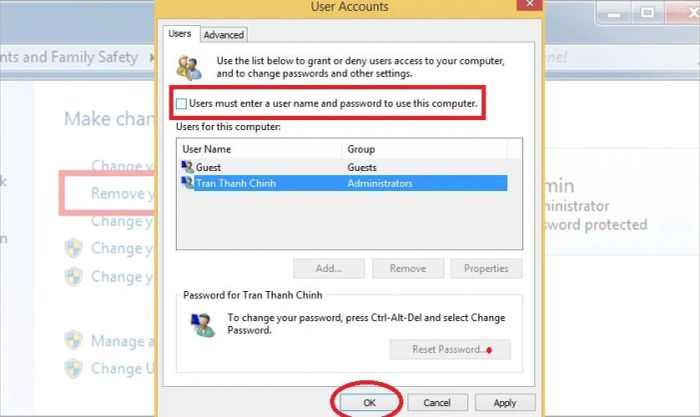 Bỏ dấu tích tại ô Users must enter a user name and password