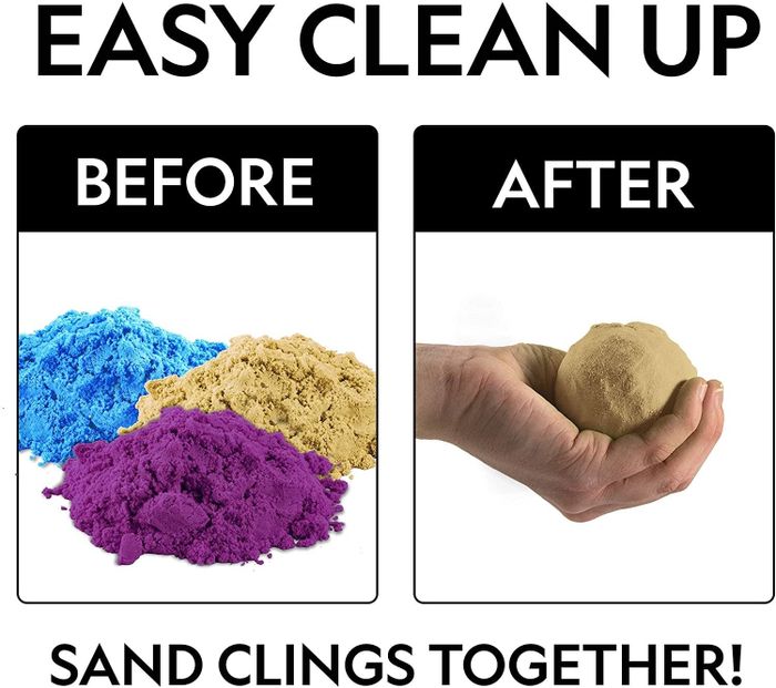 A before-and-after shot of sand clinging together, demonstrating its unique properties.