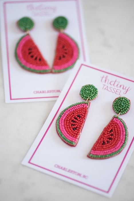 two sets of beaded watermelon earrings