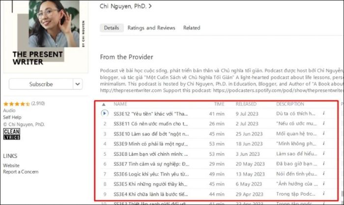 Trực tiếp chọn tập bạn muốn nghe ngay trên trang của chủ kênh Podcast.