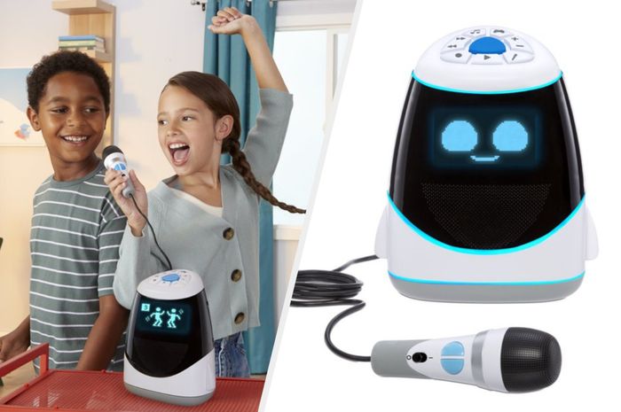 A split image showing two child models singing karaoke, alongside the karaoke toy with a microphone.