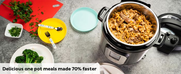 A cozy Instant Pot featuring a tempting noodle dish, with the text: 'Delicious one-pot meals made 70% faster.'