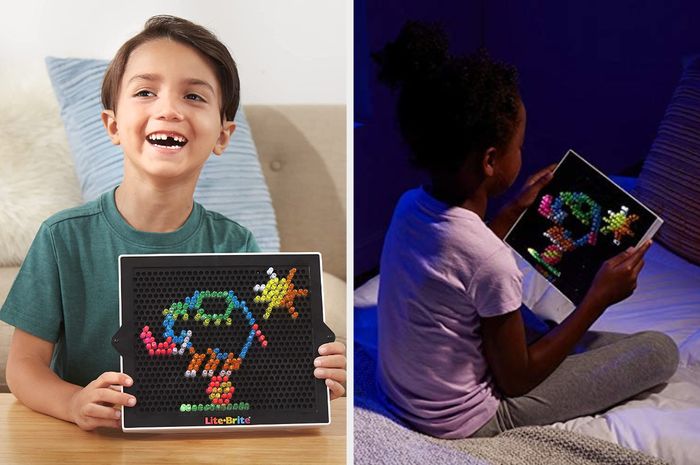 A split image of two children playing with Lite Brite, one with the lights on and the other with the lights off