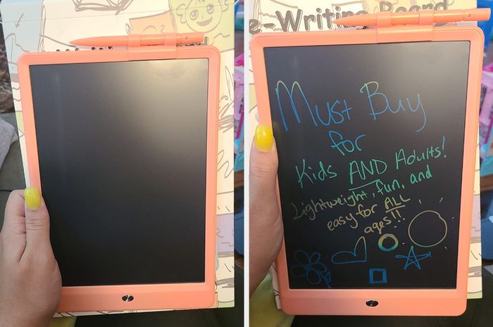 A split image of the reviewer's hand holding the tablet, powered off and on with writing displayed.