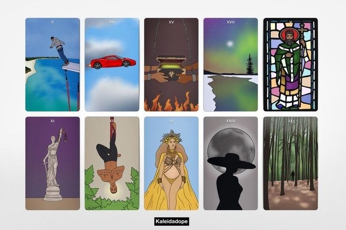 a spread of tarot cards displayed
