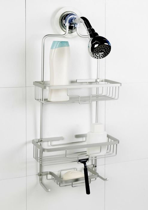 the silver-toned shower caddy