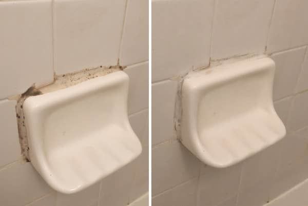 On the left, a picture of mold on a shower wall, and on the right, the same wall after the mold has been removed.