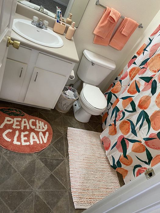 A reviewer's bathroom featuring the new bath mat