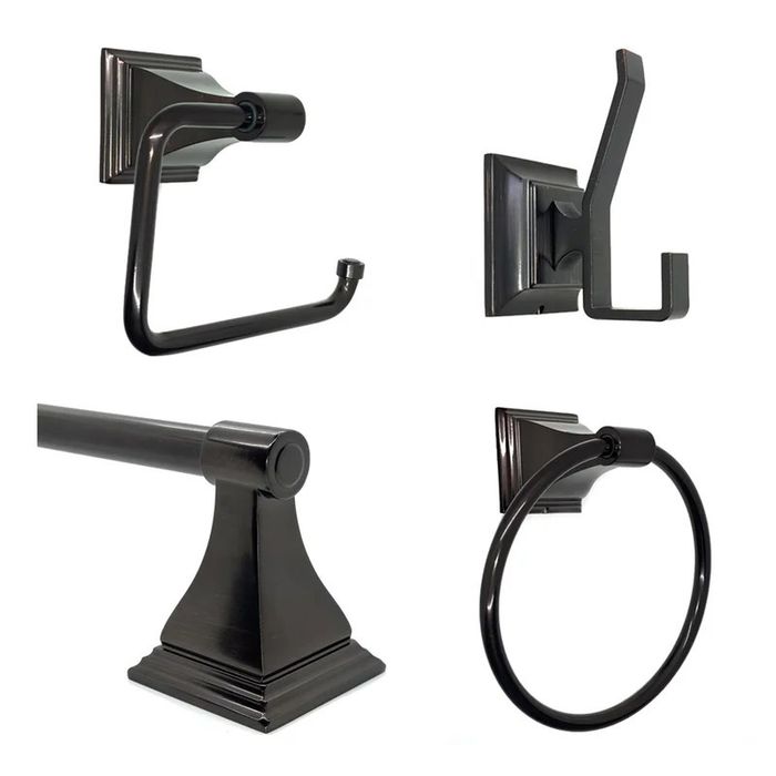 A bathroom hardware set in oil-rubbed bronze featuring a towel ring, toilet paper holder, towel rack, and towel/robe hook