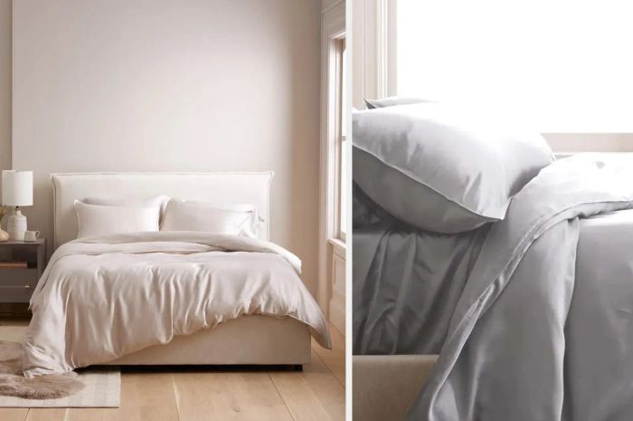 A light beige duvet cover with matching pillowcases on a white bed frame, set against a white wall. A side view shows the product in light gray, with matching pillowcases beside a window.