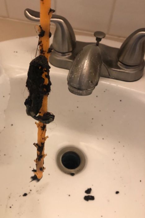 A drain snake covered in hair and debris pulled from the drain.