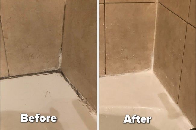 A Mytour Shopping editor’s before-and-after showing a moldy shower corner compared to the corner nearly free of mold.
