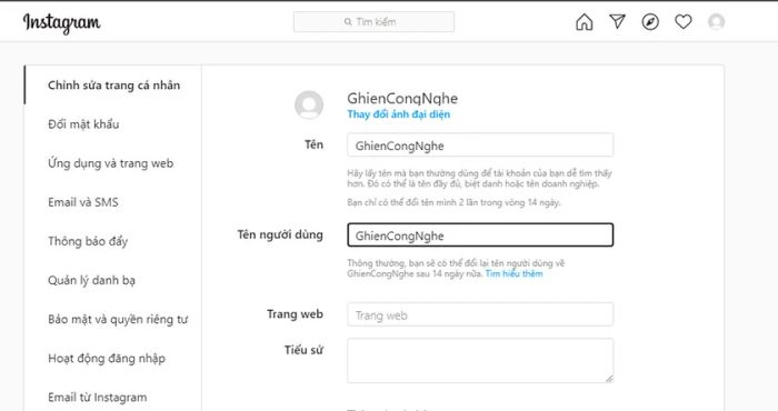 Nhập tên Instagram mà bạn muốn thay đổi vào ô tên.