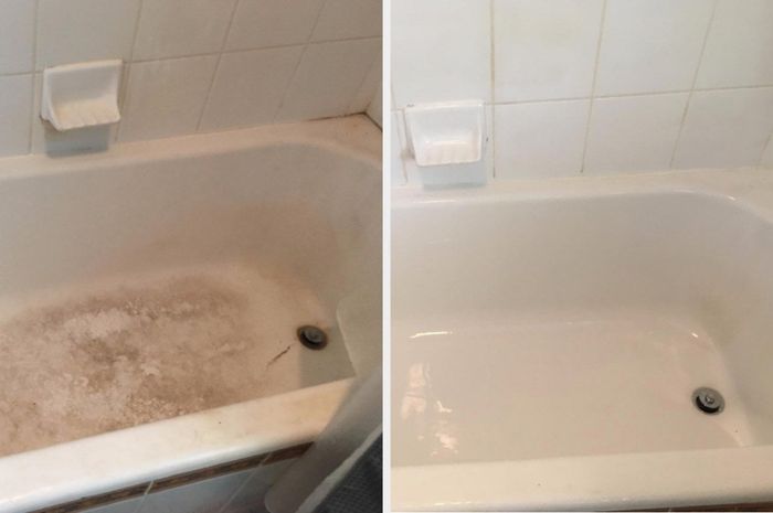 A before-and-after photo of a white tub that was grimy and covered in hard water stains, now completely cleaned with the scrubber drill.