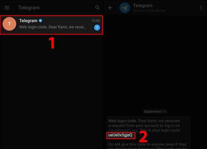 Mở giao diện chính của Telegram và sao chép mã xác nhận.