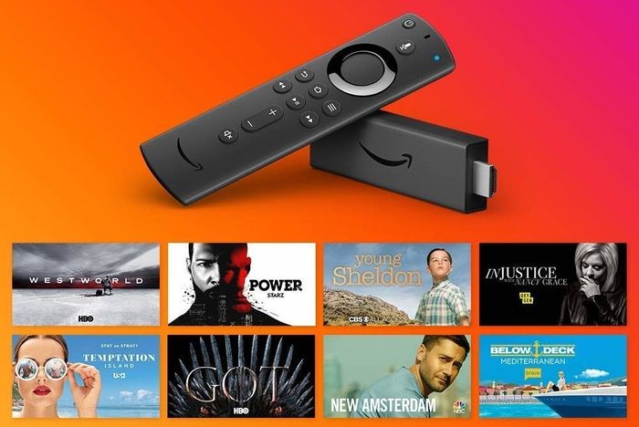 the Amazon Firestick displayed with a variety of shows below it