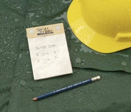 A notepad with calculations next to a pencil, placed on a wet surface, suggesting outdoor work or planning.