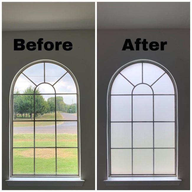 A before and after image of windows, showing the transformation with the addition of frosted glass window film.